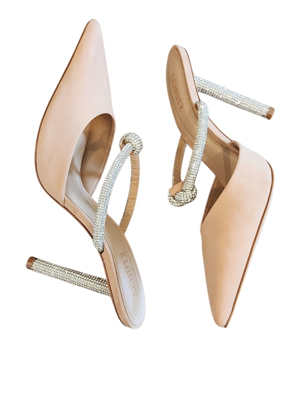 NWT Schutz Beige Crystal Rhinestone Knotted Pointed Toe Stiletto Glam Mules 10B